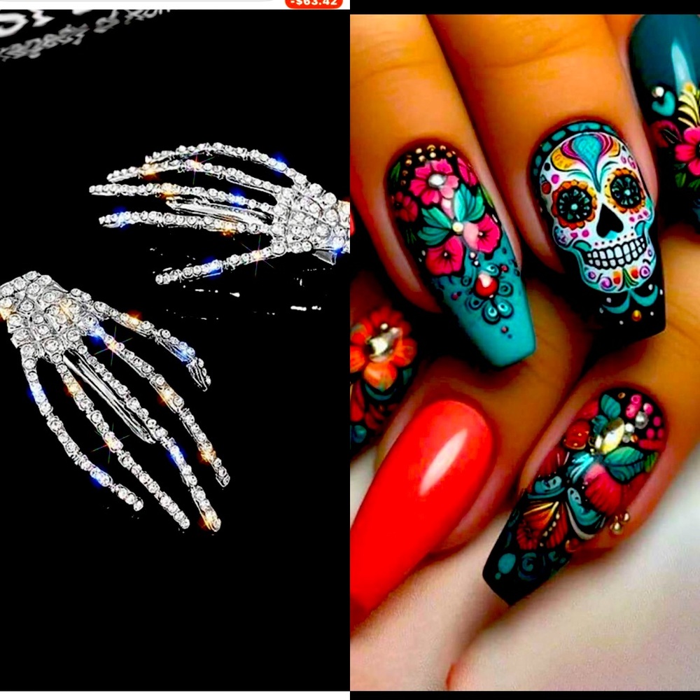 Bling Skeleton Hands Barretts and Colorful Skull Nail Art Set